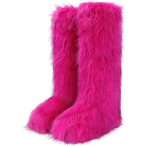Wnshonzy Fur Boots for Women Knee High Tall Long Furry Fuzzy Pink Y2k Fluffy Platform Flat Mini Boot Snow Winter Round Toe Comfortable Mid-Calf Short Ankle Classic Warm Outdoor 2025 (Pink, M) Size: 37