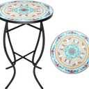 VCUTEKA Mosaic Outdoor Side Table - 14" Small Round Folding End Table with Ceramic Tile Top Patio Accent Table for Yard, Garden, Living Room, Bistro Balcony Porch Outdoor Benches or Lawn (Multi Color)