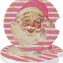Christmas 2 Pack Car Coasters for Cup Holders Christmas Santa Claus White Pink Strips Absorbent Ceramic Stone for Auto Drinks Coasters Removal Car Cup Holder Coaster with A Finger Notch (Set of 2)