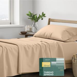 THREAD SPREAD 100% Organic Cotton Sheets Twin Size - 3 PC Organic Cotton Twin Size Percale Weave Sheet Set, Soft, Cooling, Crisp & Breathable, 16" Deep Pocket Bedding Set for Dorm Room - Taupe