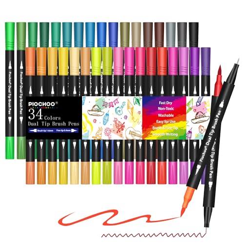Piochoo Coloring Markers Pens, 34 Dual Tip Brush Pens, Fine Point Marker set for Adult Coloring Book, Bullet Journaling, Drawing