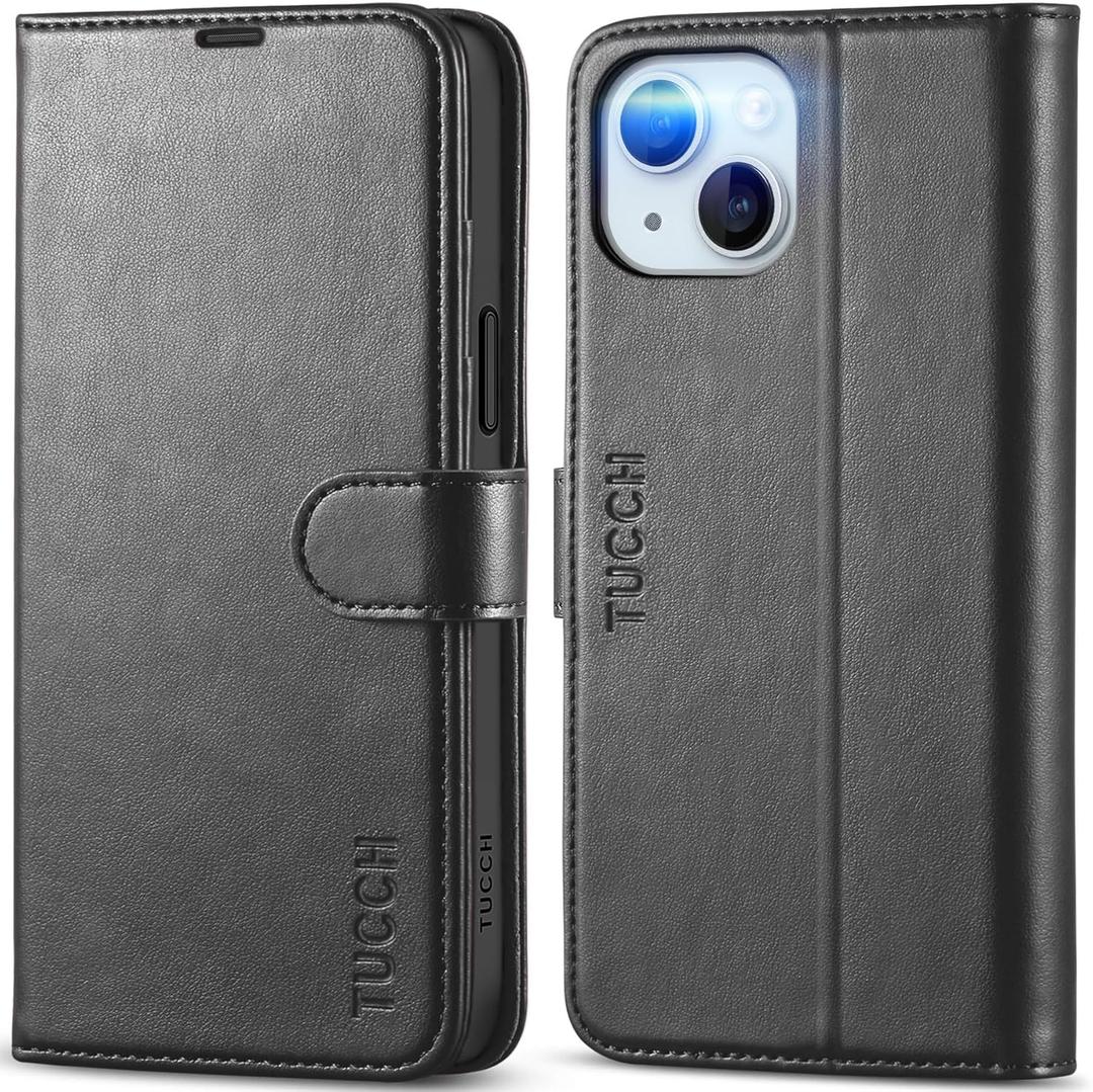 TUCCH Case Wallet for iPhone 15 Plus, [RFID Blocking] 4 Card Holder Kickstand [Shockproof TPU Interior Case] PU Leather Magnetic Protective Flip Cover 6.7", Black