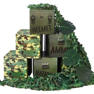 19 Pcs Camo Boxes Decor Army Party Decorations Including Camo Boxes Camo Netting and Palm Leaves for Hunting Military Army Military Enthusiasts Jungle Camo Party Birthday Party Supplies