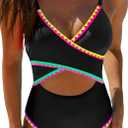 popvil Neon One Piece Swim Suit 2025 Women Tummt Control Bathing Suit Neon Cut Out Color Block Shell Stitched Swimsuits, Black Medium