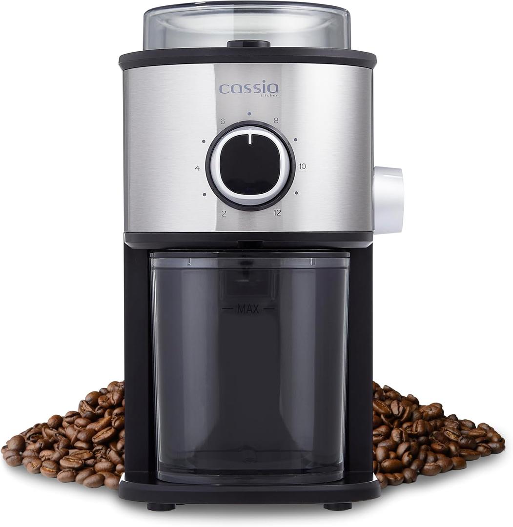 Cassia Electric Stainless Steel Burr Coffee Grinder - 150W, 14 Settings for Precision Grinding, 2-12 Cups Adjustable Quantity Selector, Great for Espresso, Brewed Coffee, and Cold Brew Cassia Electric Stainless Steel Burr Coffee Grinder - 150W, 14 Settings for Precision Grinding, 2-12 Cups Adjustable Quantity Selector, Great for Espresso, Brewed Coffee, and Cold Brew