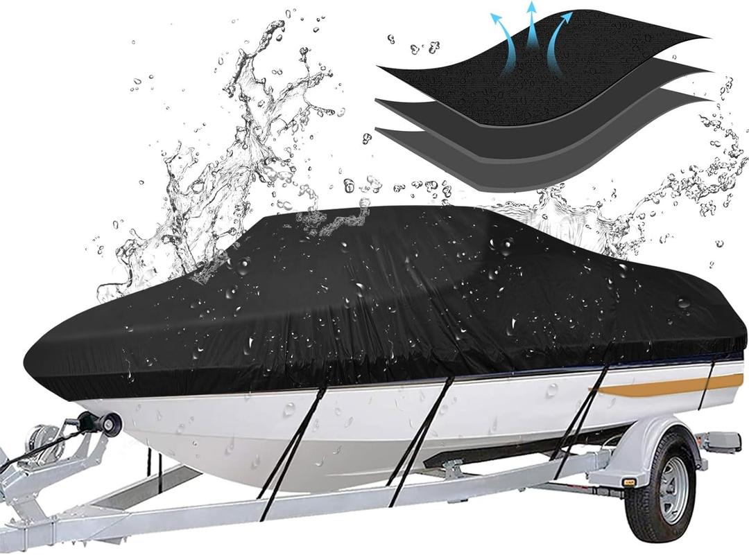 iCOVER Trailerable Boat Cover- 17'-19' Heavy Duty Waterproof Tarp Covers with Storage Bag, Fits V-Hull, Fish&Ski, Pro-Style, Fishing, Runabout, Bass Boats, up to 17ft-19ft Long X 96" Wide (Black)