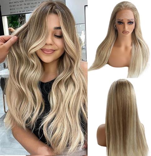 Belaved Highlight Ash Brown Lace Front Wigs Human Hair HD Frontal 100% Real Human Hair Ombre Pre Plucked Glueless 180% Density Seamless 13x4 Straight for Women Natural Hairline 16 Inch