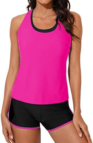 Aleumdr Womens Athletic 3 Piece Tankini Swimsuits with Shorts Swim Tank Tops with Sports Bra and Boyshorts Bathing Suits (Rose, Large)