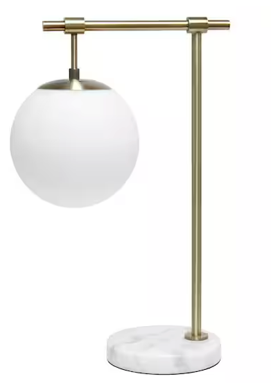 21 in. Antique Brass White Globe Shade Table Desk Lamp with Marble Base 