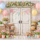 ZTHMOE Fabric 7x5ft Spring Easter Photography Backdrop White Rusitc Wood Door Rabbit Colorful Eggs Flowers Balloons Background Kids Family Party Decorations Photo Props