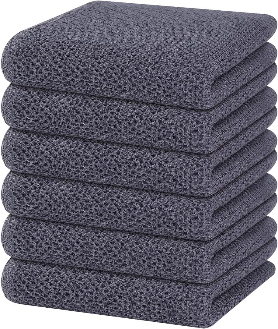 Homaxy 100% Cotton Waffle Weave Kitchen Dish Towels, Ultra Soft Absorbent Quick Drying Cleaning Towel, 13 x 28 Inches, 6-Pack, Dark Grey