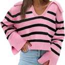 Saodimallsu Womens Striped Sweater V Neck Collared Fall Trendy Knitted Long Sleeve Loose Pullover Sweaters, XL