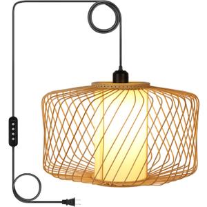 Plug-in Pendant Light Rattan Hanging Lamp, Boho Hanging Lights with Woven Lampshade, 3-Way Dimmable & Timmer Setting Ceiling Light Fixture for Living Room, Bedroom, Farmhouse (Bamboo Oval)