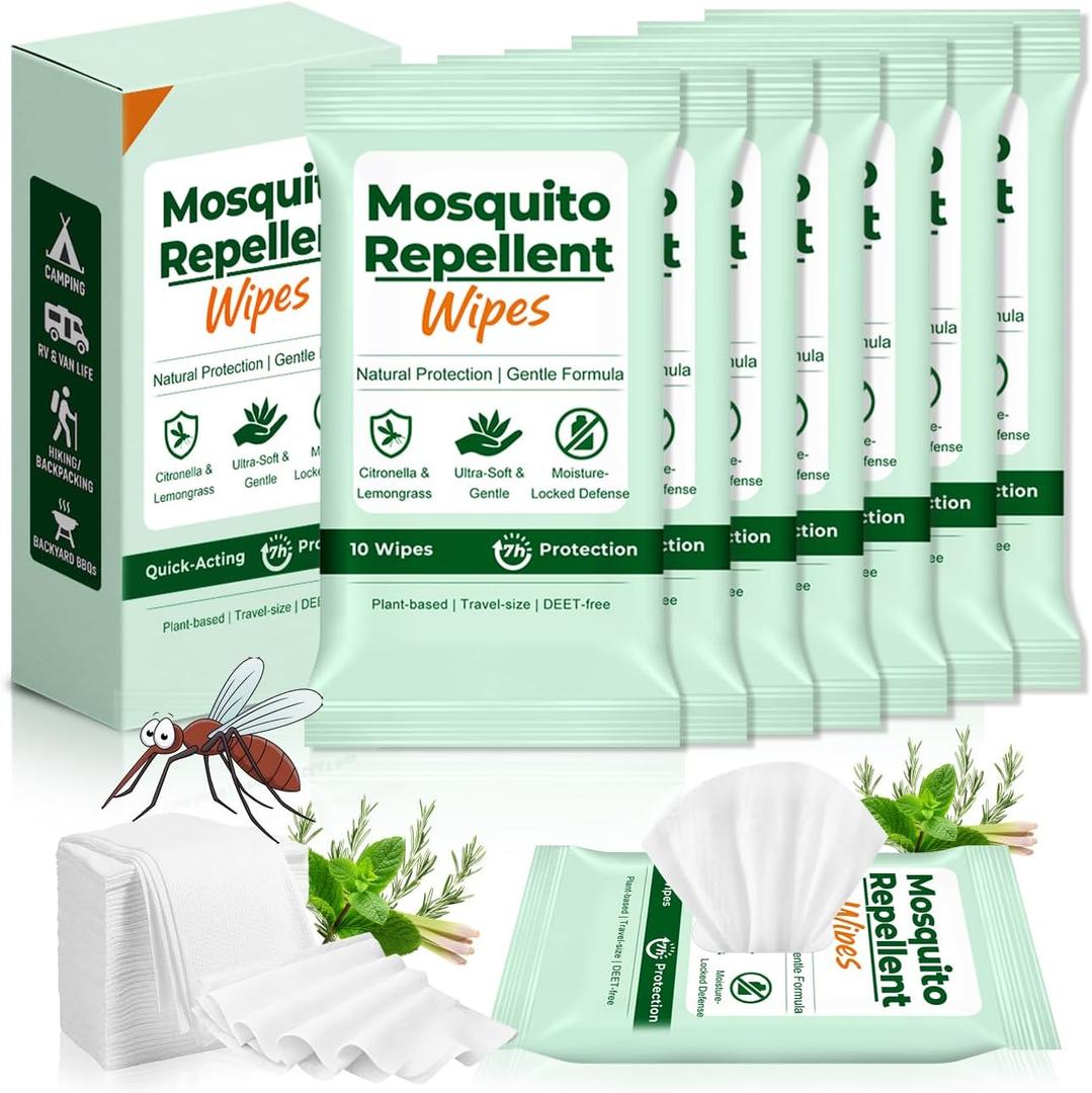 70 Count Natural Mosquito Repellent Wipes, Portable Travel-Size Insect Bug Repellent Wipes in Resealable Pouches, 10 Wipes per Pack, for Camping, Hiking, Travel, Patio Outdoor Protection