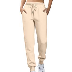 Women Comfy Jogger Pants Soft Tapered Baggy Joggers with Pockets Trendy Travel Workout Gym Sweatpants Beige S-M