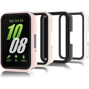 4 Pack Hard PC Glass Screen Protector Case Compatible with Samsung Galaxy Fit 3, Full Coverage HD Ultra-Thin Bumper Case Compatible with Galaxy Fit 3, Clear/Black/Beige/Pink