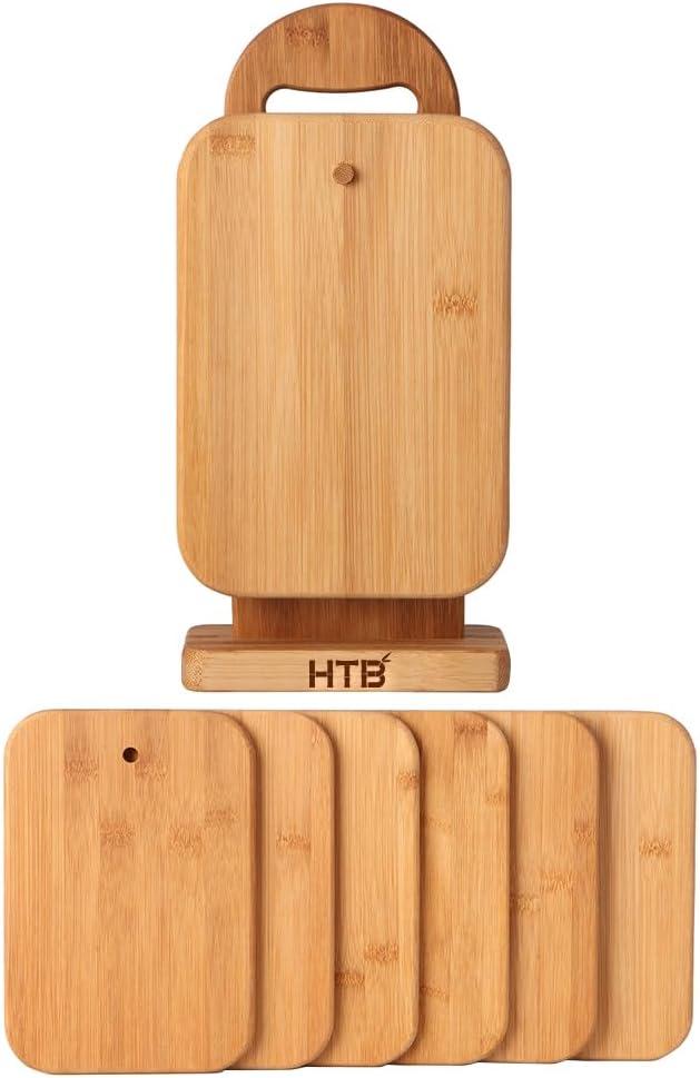 Bamboo Cutting Board Set for Kitchen,Small Cutting Boards with Holder,Serving Boards for Sandwich Cheese Meal Breakfast (HTB- 6 piece)