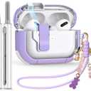 Clear Case for AirPods Pro 2nd/1st Generation With Cleaner Kit, Secure Lock for Apple Airpod Pro 2&1 Gen Cover, Silicone Wrist Strap, Cute Candy Keychain for Women, Purple