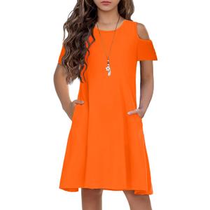 Arshiner Little Girls Short Sleeve Summer Dress A line Cold Shoulder Beach Casual Dresses with Pockets Orange 9-10 Years
