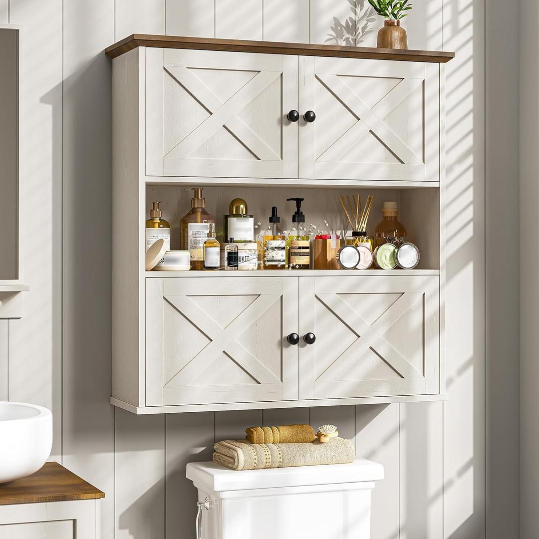 Vabches Bathroom Wall Cabinet, Farmhouse Medicine Cabinet with 4 Barn Doors, Large Wooden Vintage Storage Cabinet Wall Mounted for Bathroom, Kitchen, Rustic White