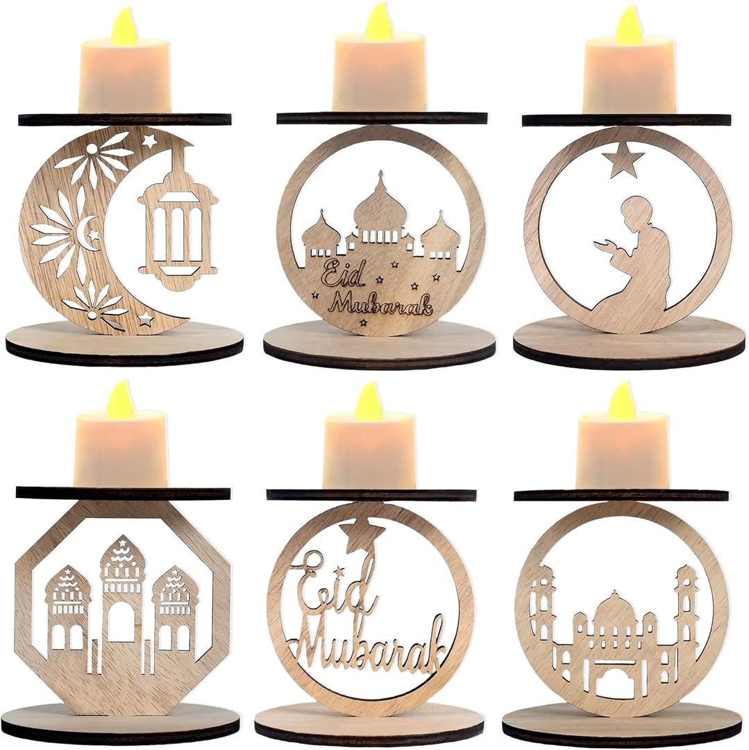 6Pack Wooden Ramadan Candle Holders  Eid Mubarak Dcor with Star, Crescent Moon, Mosque & Jesus Silhouettes  Indoor/Outdoor Muslim Islamic Party, Wedding & Anniversary Supplies