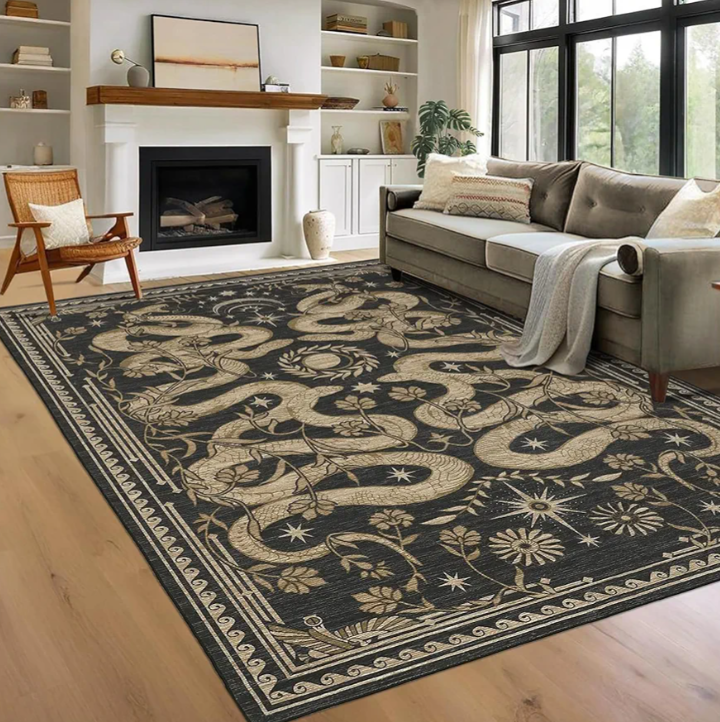 Snake Washable Rugs 9x12 Area Rug for Living Room Non Slip Forest Soft Low-Pile Stain Resistant Thin Large Throw Carpet for Bedroom Dining Room Office Dark Grey