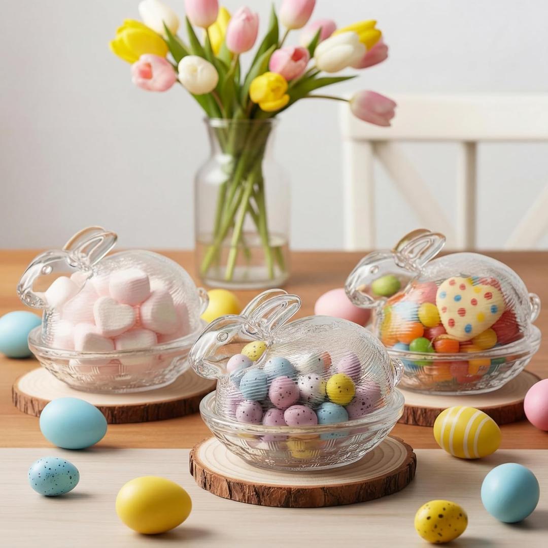 Remerry 3 Pcs Easter Candy Dish Glass Bunny Candy Bowls with Lid Cute Clear Rabbit Cookie Jars Decorative Desserts Storage Containers for Home Easter Spring Party Gift Table Decoration