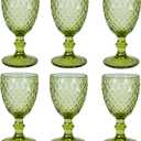 Vintage Wine Glasses Set of 6, 12 OZ Colored Glass Water Goblets, Embossed Floral Decorative Crystal Glass Cups Set, Dishwasher Safe, for Wedding, Party, Red Wine Glass, Bars, Restaurants