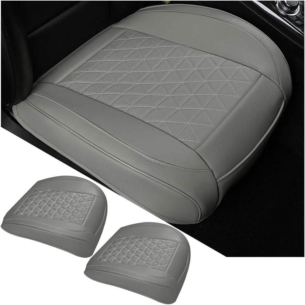 2PCS Leather Car Seat Cover, Vehicle Front Bottom Seat Protector Pad, Full Surrounded Waterproof Auto Seat Protective Cushion with Storage Pocket, Universal for SUV, Truck, Sedan, Gray