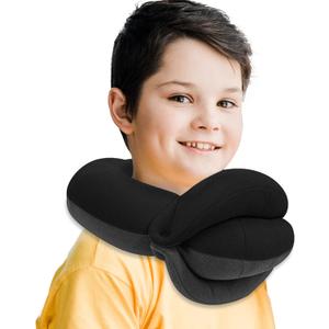 BUYUE Kids Travel Pillows for Airplane, 360 Head Support Sleeping Essentials for Boys Long Flight, Skin-Friendly Soft Neck Pillow for Traveling in Car Seat, (Small, Black Grey, 40-90 lbs)