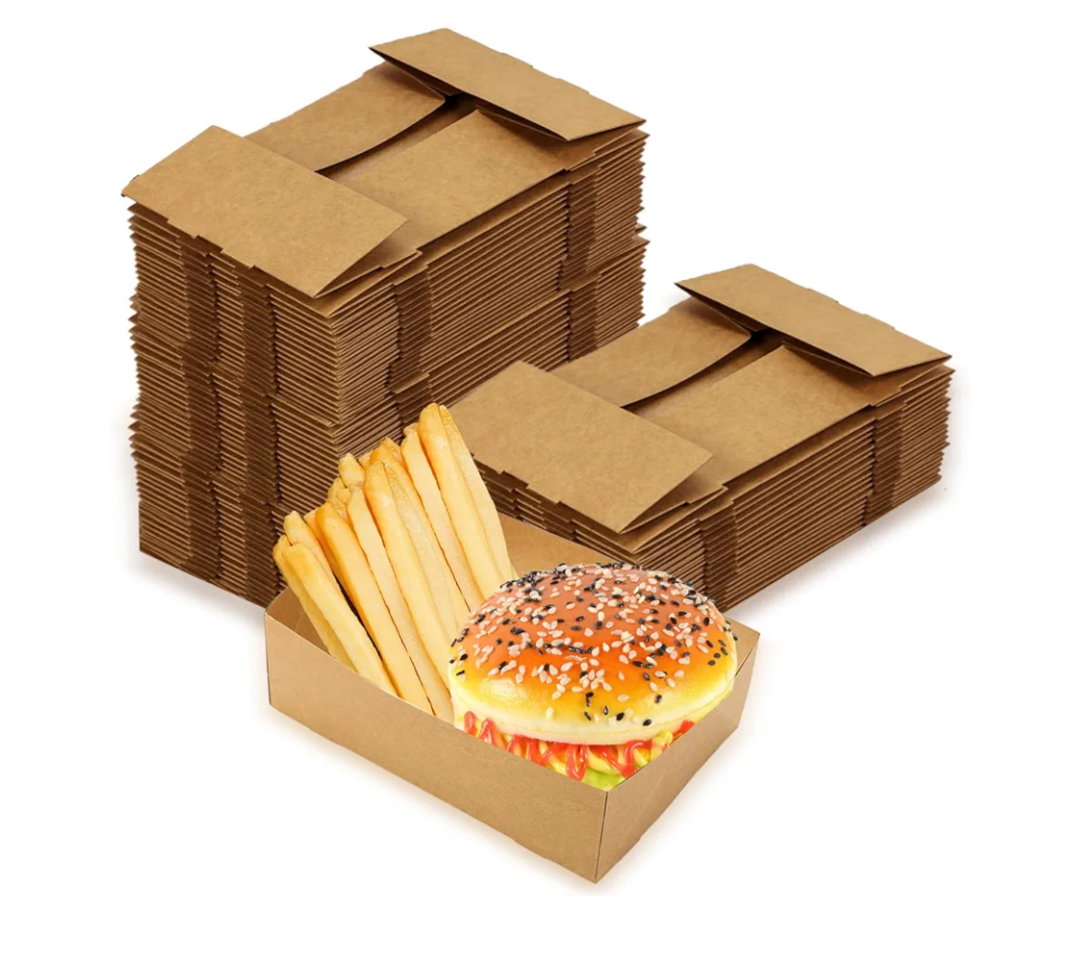 Teling 150 Pcs 10. 4" x 10. 4" x 3. 7" Kraft Paper Food Trays Disposable Foldable Paperboard Fast Food Container Boxes Tray 4 Corner Pop up Serving Brown Holders for Party Stadiums Theaters