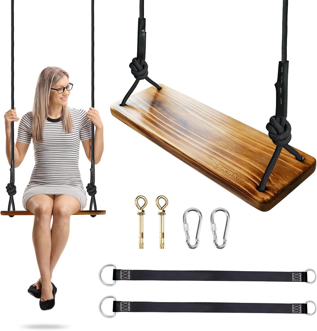 Carbonized Hanging Wooden Swing, 24"x 8"x 1.2" Tree Swing for Adults Kids with 500lbs Load, Adjustable Climbing Rope Plus Tree Straps 9.67FT, Wood Swing Set Seat for Outdoor and Indoor Use