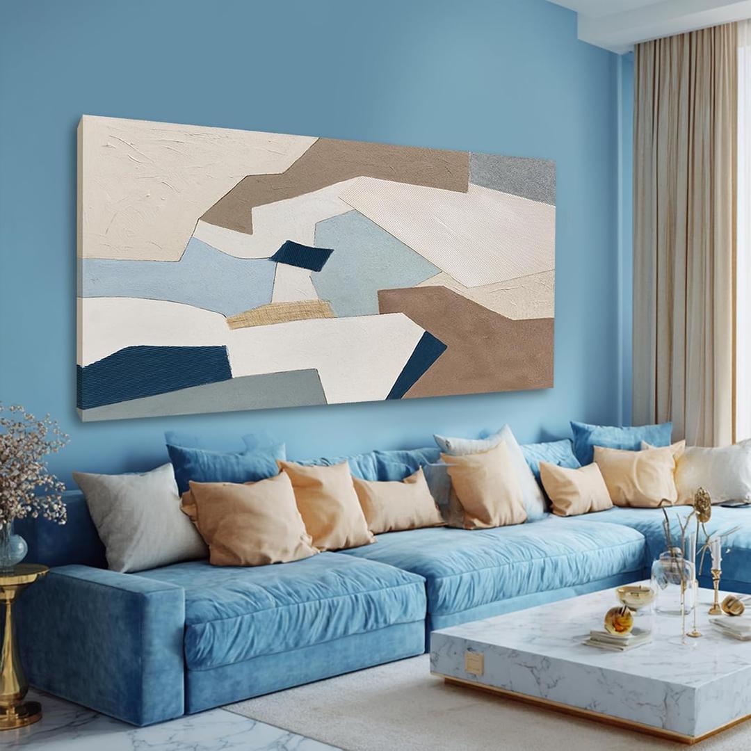 YLLTIEM Wall Decor 29x58 Inch, Large Canvas Wall Art for Living Room, Blue Beige Abstract Geometric Print, Modern Neutral Wall Decor for Bedroom Office