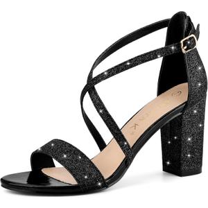 Allegra K Women's Glitter Crisscross Strap Block Heels Sandals (10)
