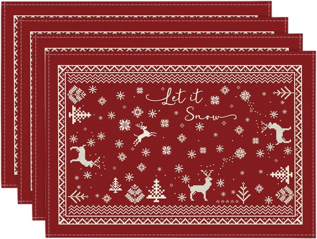 Artoid Mode Reindeer Snowflakes Winter Placemats Set of 4, 12x18 Inch Seasonal Red Fair Isle Table Mats for Party Kitchen Dining Decoration