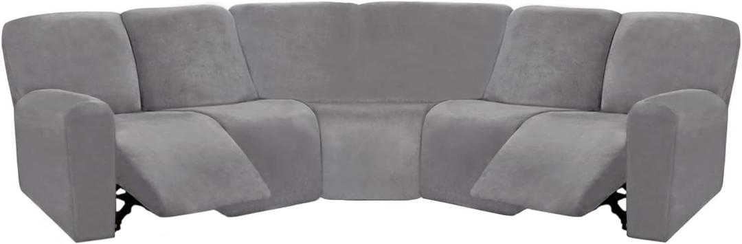 ULTICOR 7-Piece L Shape Sectional Recliner Sofa Covers, Velvet Stretch Reclining Couch Covers for Reclining Sofa, Thick, Soft, Washable (Light Gray, 5 Seat Recliner Cover)