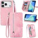 for iPhone 17 Pro Max Wallet Case with 7 Card Slots, Women Embossed Flower Folio Flip Retro PU Leather Zipper Cover with Kickstand & Wrist Strap for iPhone 17 Pro Max - SZY Pink