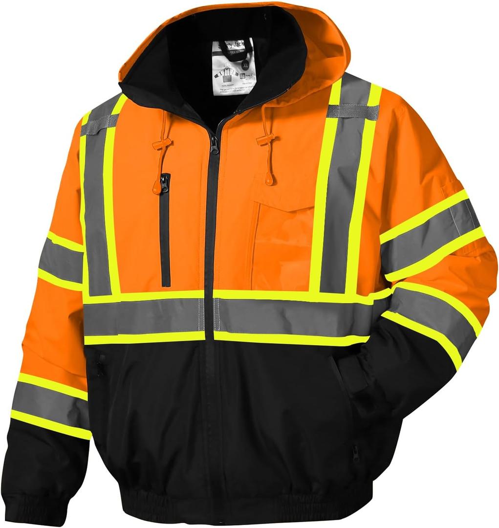 SKSAFETY High Visibility Reflective Jackets for Men, Waterproof Class 3 Safety Jacket with Pockets, Hi Vis Orange Coats with Black Bottom, Mens Work Construction Coats for Cold Weather, XL,Orange