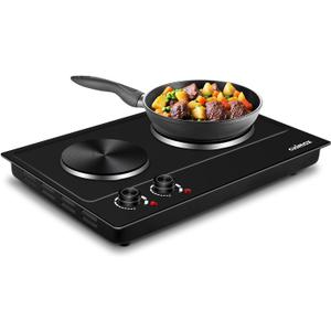 CUSIMAX Hot Plate, 1800W Electric Burner Double Hot Plate for Cooking Countertop Burner with Adjustable Temperature Control, Portable Electric Cast Iron Hot Plates Cooktop, Easy to Clean, Black