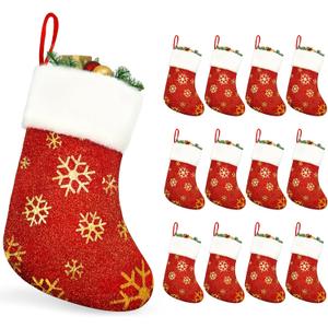 MNKXL 12PCS Bulk Christmas Stockings,9" Red Velvet with White Plush Cuff Xmas Stocking,Felt Flannel Faux Fur Stockings with Golden Snowflakes,Thickened Christmas Stockings Bulk for Fireplace Mantel