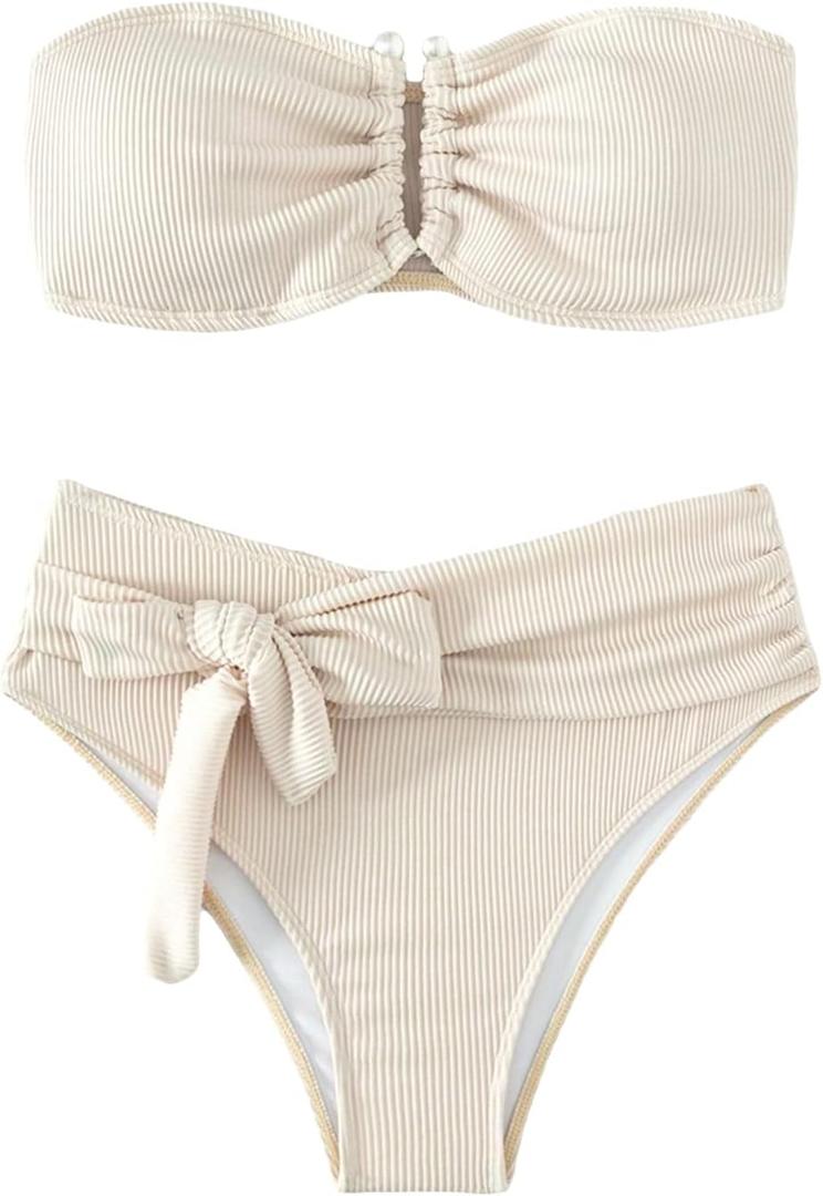 WDIRARA Women's 2 Piece Bikini Set Rib Knit Strapless Knot Front High Waist Swimsuit Set (Medium, Apricot)
