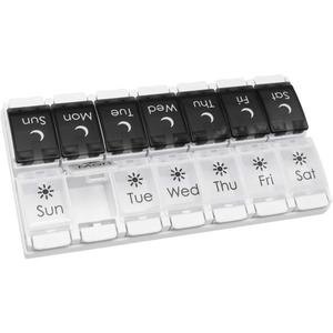 EZY DOSE Push Button (7-Day) Pill Case, Medicine Planner, Vitamin Organizer, 2 Times a Day AM/PM, Removable Trays, Large Compartments, Arthritis Friendly, Spring Open Black and White Lids, BPA Free