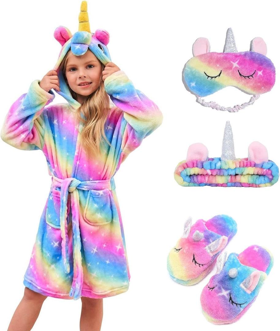 Soft Unicorn Hooded Robe with Matching Slippers Headband and Blindfold for Girls (5-6 Years, Blue/Pink Stars)