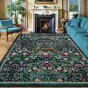 Area Rugs 9x12 Living Room: Floral Washable Rug Vintage Large Soft Boho Non-Slip Carpet Indoor Floor Stain Resistant Low Pile Carpets for Bedroom Dining Room Farmhouse Nursery Home Office Dark Green
