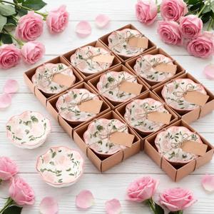 SiliFine 12 Pcs Pink Floral Party Favors for Guests Small Ceramic Bowl Bulk Gifts Set 3.3 Inch Floral Design Mini Dipping Sauce Dish with Card Box for Bridal Pooja Baby Shower Birthday Guest Gift