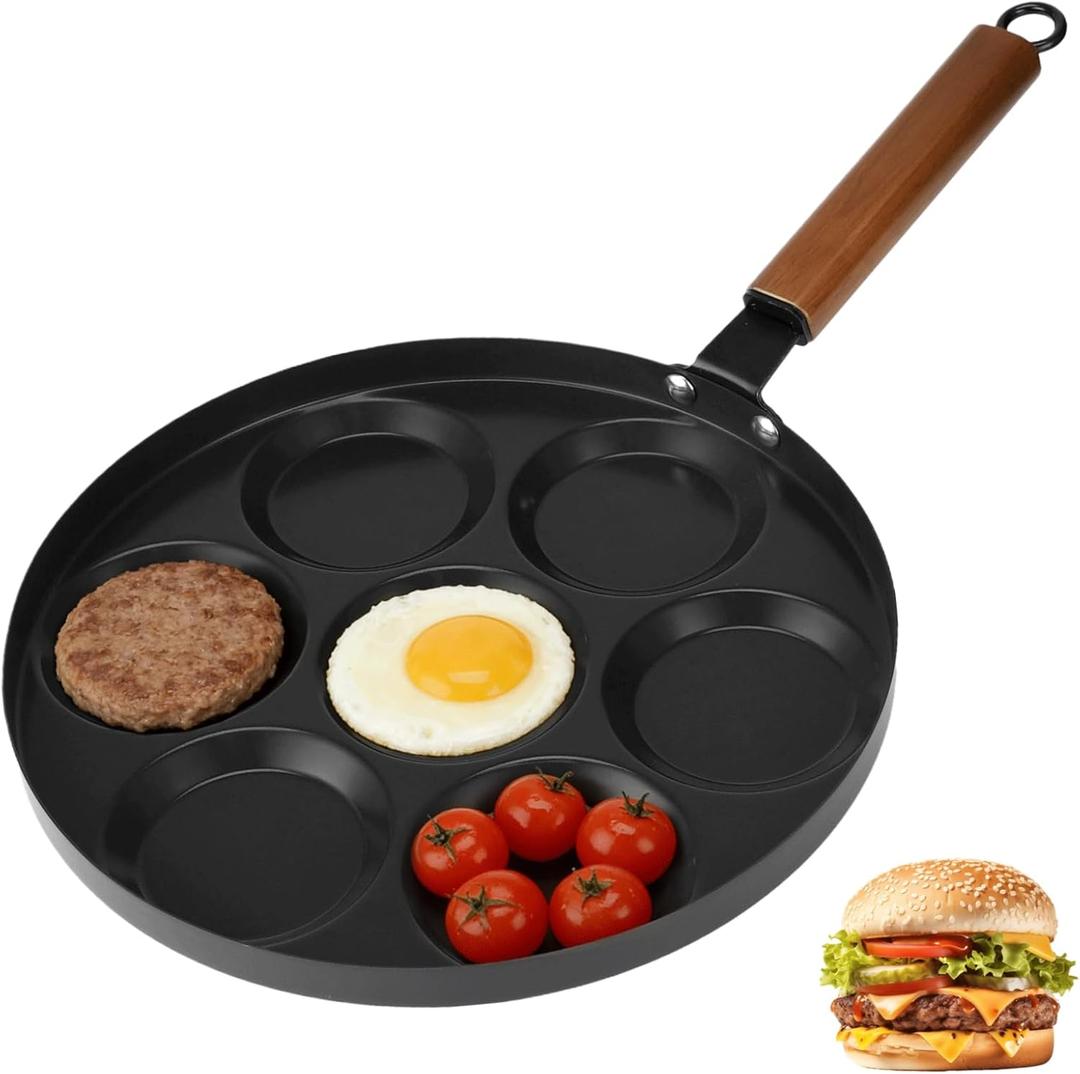 7-Cup Egg Frying Pan Nonstick, 12 in Omelet Pan with Wood Handle, Ceramic Coating Pancake Pan Includes Brush and Spatula, Compatible with All Stove Cookers