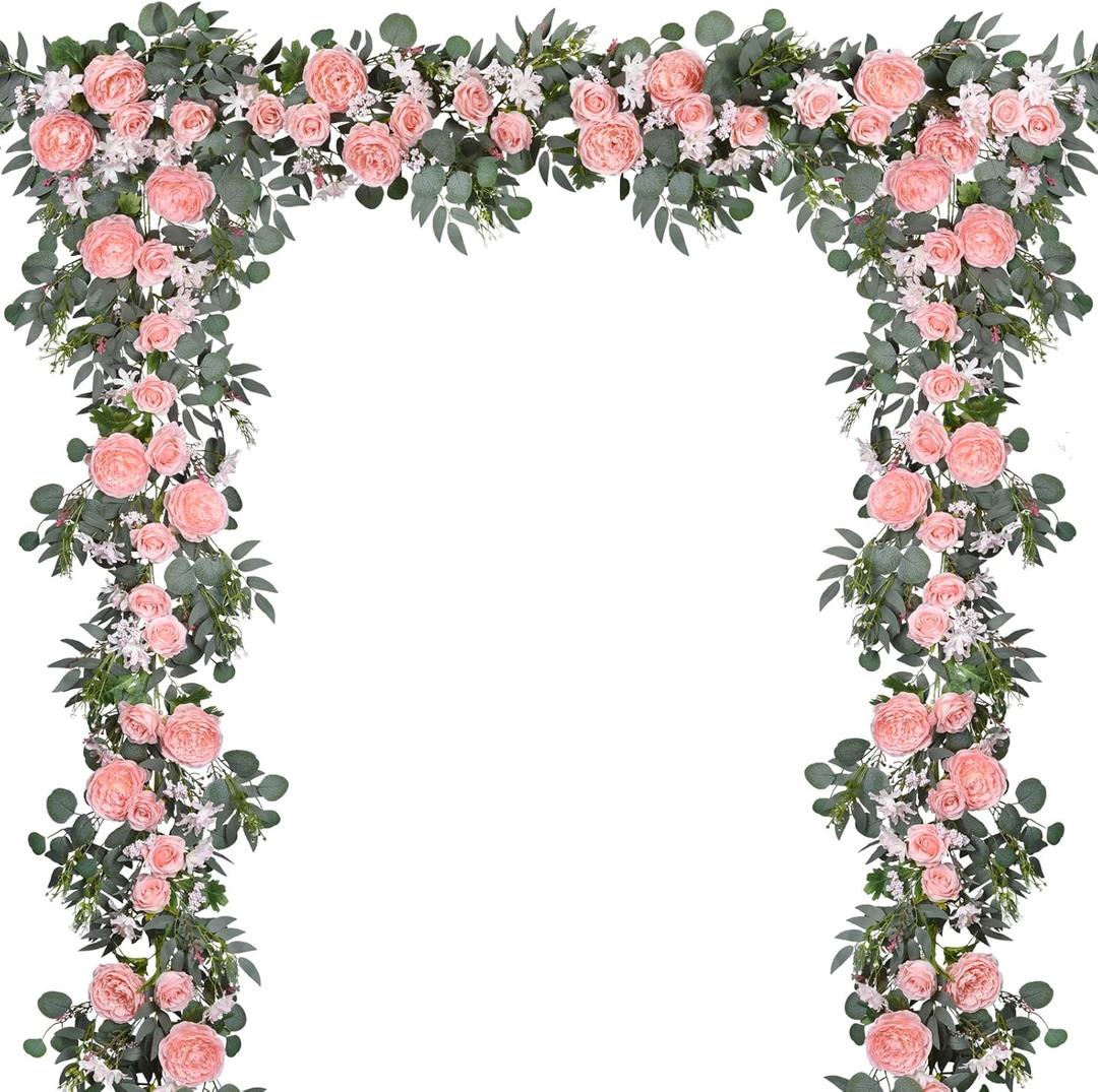 DearHouse 2Pcs Artificial Peony Flower Garland and - Silk Peony Garland with Flowers and Eucalyptus for Wedding Party Table Decoration,6ft/Strand (Pink)