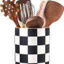 Utensil Holder7.2 Inch Checkered Utensil Holder, Ceramic Cooking Utensil Spoon/Spatula Holder for Countertop, Kitchen Decor and Accessories for counte(Black)