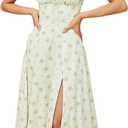 Women Puff Sleeve Floral Maxi Dress Cottagecore Smocked Side Split Dresseses Light Green Small