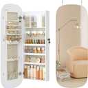 SONGMICS Jewelry Organizer, LED Jewelry Cabinet Wall/Door Mounted, Lockable Rounded Wide Mirror with Storage, Interior Mirror, 3.9 x 16.5 x 42.5 Inches, White Surface with Greige Lining